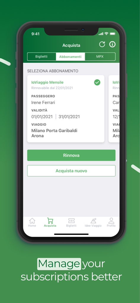 Smartphone screen showing the Trenord app interface for managing and renewing train subscriptions