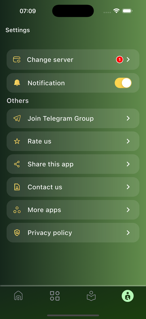 Manga Reader - Manga Nelo - Settings screen of the Manga Nelo app displaying options for server change notifications and social engagement