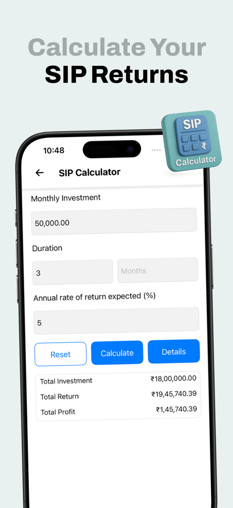 Interfaz de la calculadora SIP que muestra el monto de la inversión mensual y el beneficio estimado