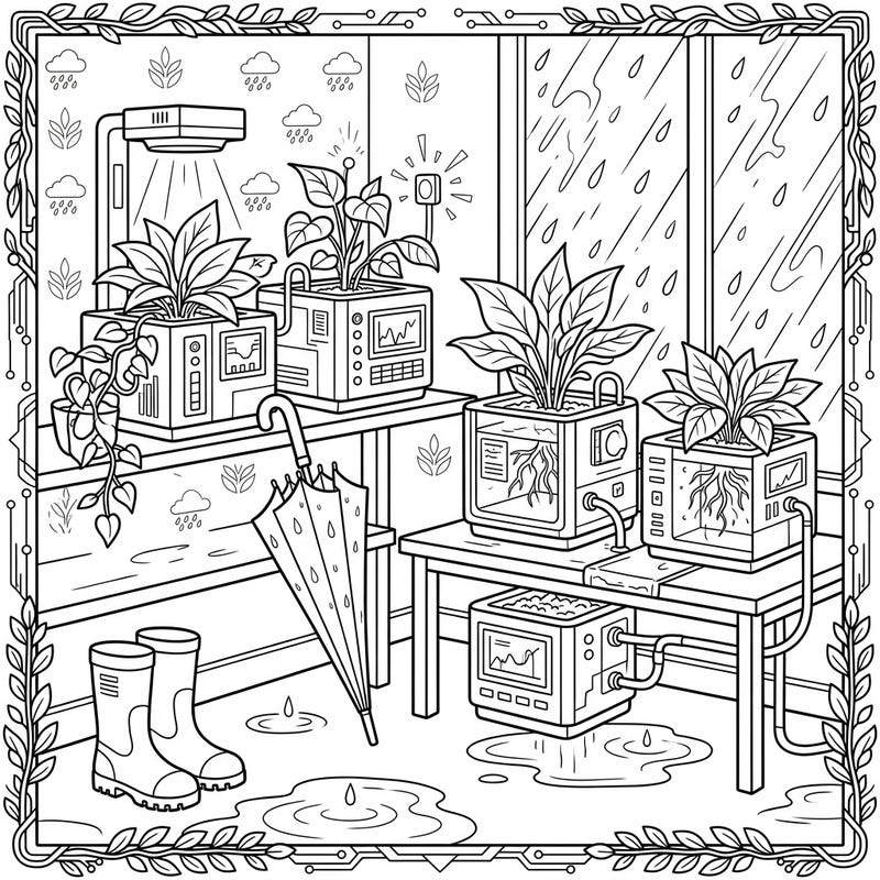 Escape the gloomy weather with this captivating coloring page featuring smart planters tending to lush greenery indoors. Discover a blend of technology and nature, perfect for a relaxing creative session on a rainy day.