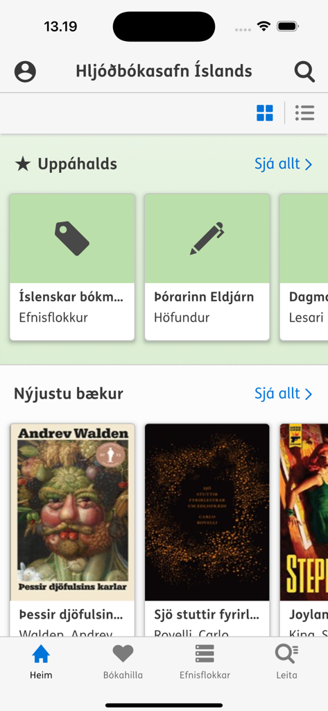 Hljóðbókasafn Íslands - Home screen of the Hljóðbókasafn Íslands audiobook app showing book categories and new titles