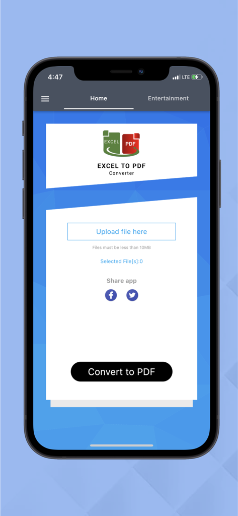 Excel To Pdf Converter - Tela inicial da interface do aplicativo móvel Conversor de Excel para PDF mostrando botões de upload e conversão de arquivos.