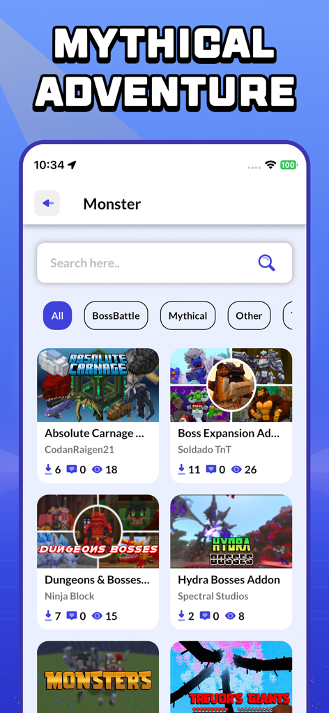 CraftyBox Addon World for MCPE - CraftyBox app interface showing mythical adventure and monster boss mods for Minecraft PE.
