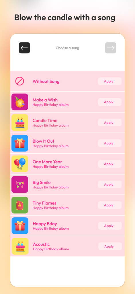 Interface of the Happy Birthday Virtual Candles app showing a list of birthday songs to choose from
