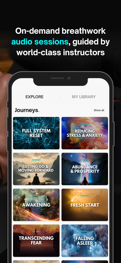 BeyondBreath app interface showing various guided breathwork audio journeys for stress and anxiety