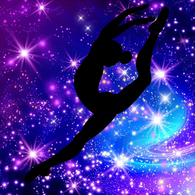 gymnast doing a leap in a leotard with a bent back leg