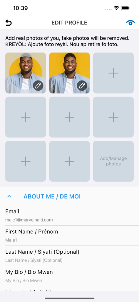Rankontre: Match. Chat. Date. - Edit profile screen of Rankontre dating app with photo uploads and bio fields