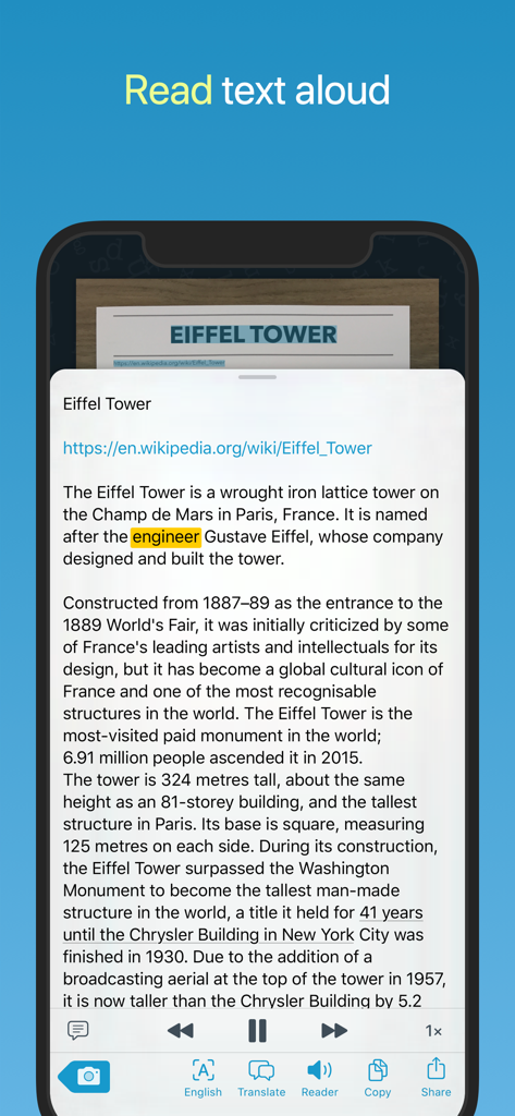 Captura de pantalla de iPhone de la aplicación Prizmo Go que muestra la interfaz del lector de texto a voz leyendo texto escaneado sobre la Torre Eiffel.