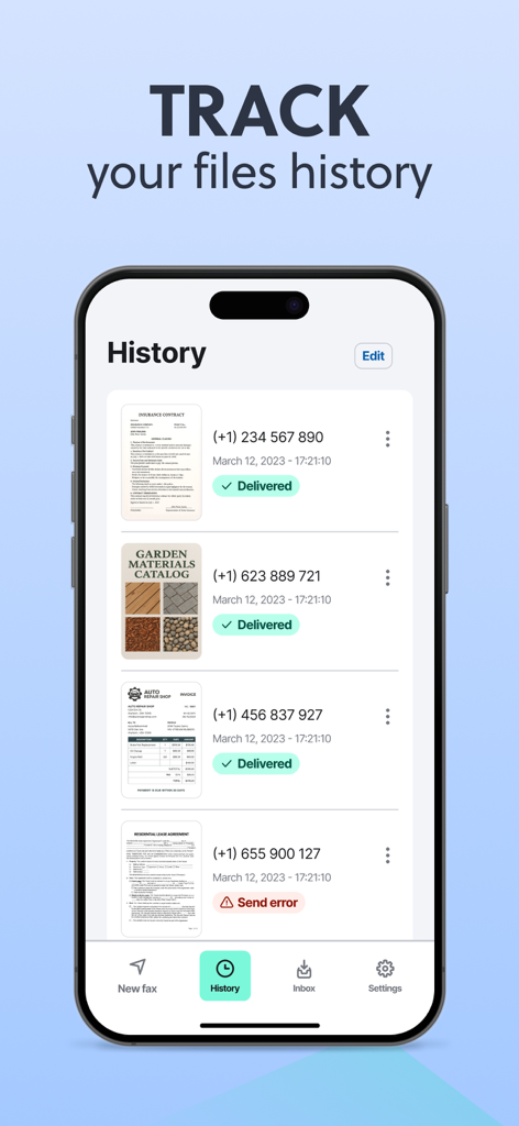 History screen of the Fax from iPhone app tracking sent and received faxes with delivery status