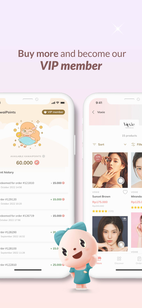 Kawai Gankyu - Kawai Gankyu app interface showing loyalty points and the contact lens product catalog