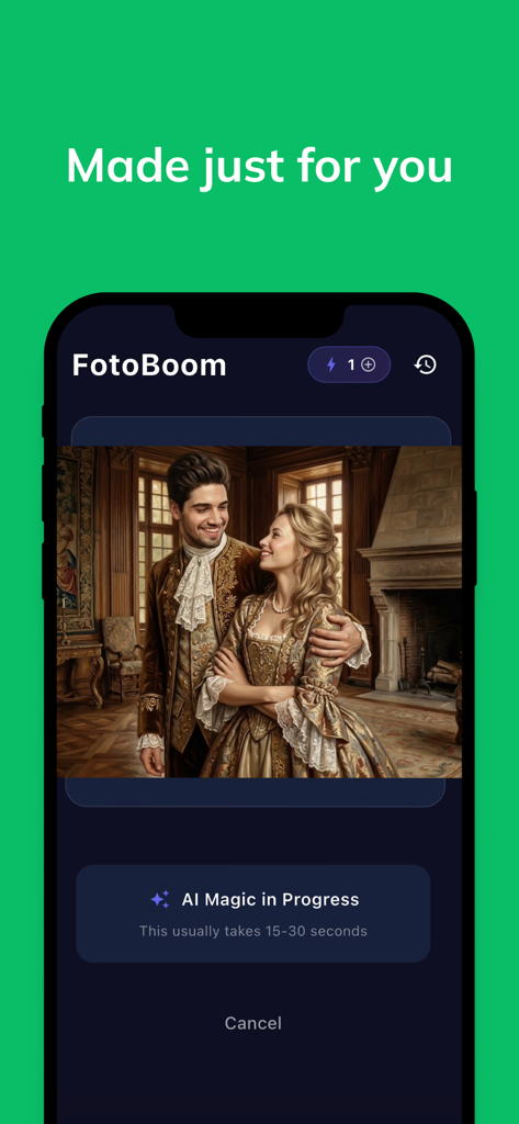 Fotoboom: AI Photo Transform - Smartphone screen displaying Fotoboom app generating a historical AI portrait of a couple