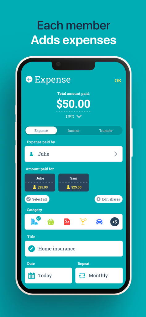 Sesterce – Split expenses - Sesterce app interface showing a 50 dollar home insurance expense being split equally between Julie and Sam.