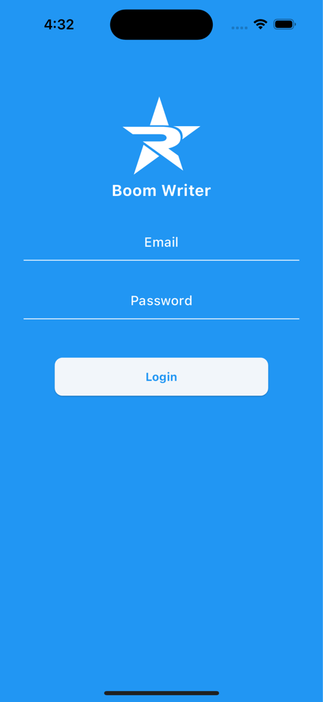 Login page of the Boom Writer mobile app featuring a star logo and input fields on a blue background