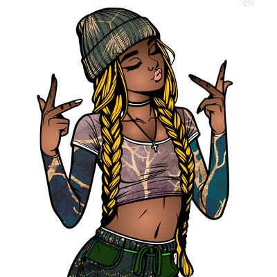 realistic teenage girl with braids and a beanie and crop top doing 🫶🏼