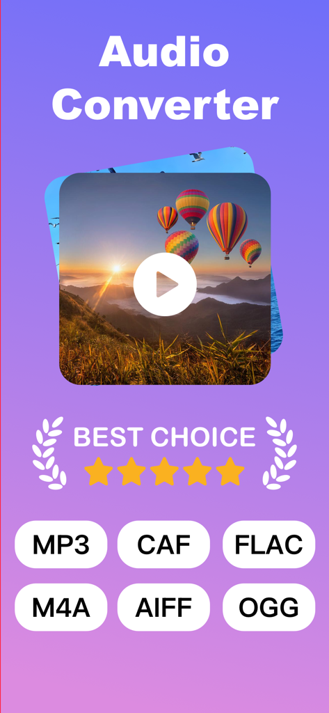 Audio Converter & Video to MP3 - Audio Converter app screen showing video to MP3 conversion and supported formats including MP3 FLAC and M4A