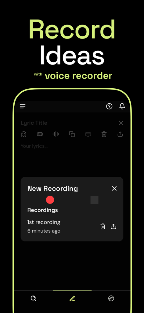 Fast Rhymes Songwriting Studio - Función de grabadora de voz en la aplicación Fast Rhymes Songwriting Studio para grabar ideas de canciones.