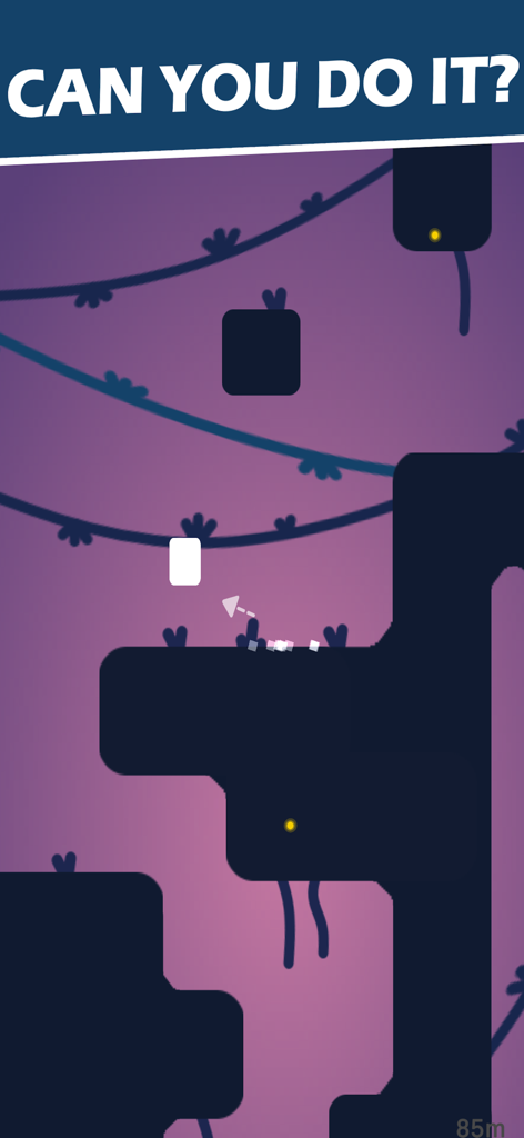 A white square jumping between dark platforms in a minimalist dark mode environment with the text Can You Do It