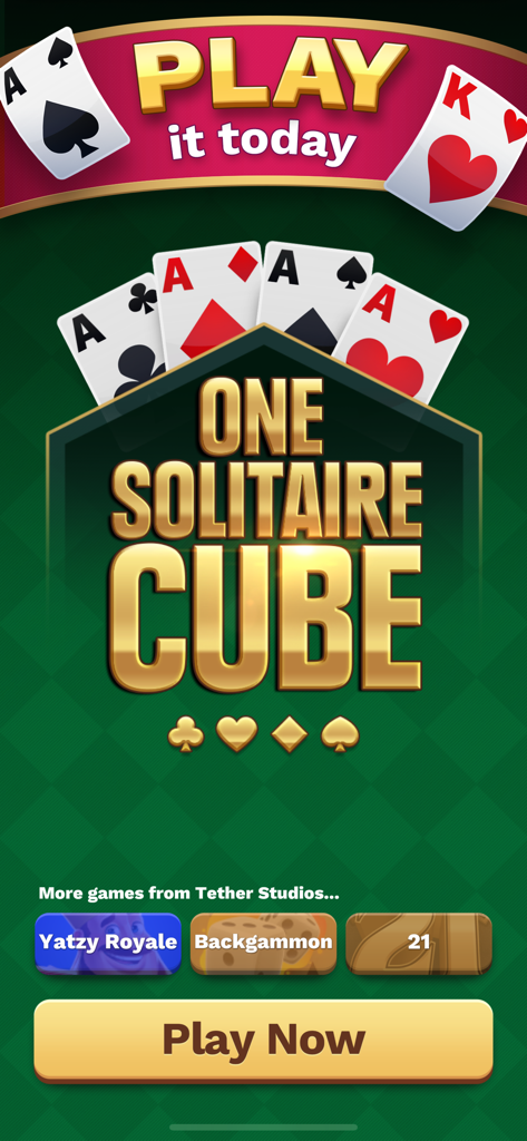 One Solitaire Cube - Title screen of One Solitaire Cube mobile game showing four aces and a Play Now button.
