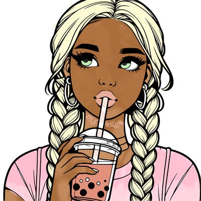 realistic girl with braided hair drinking boba