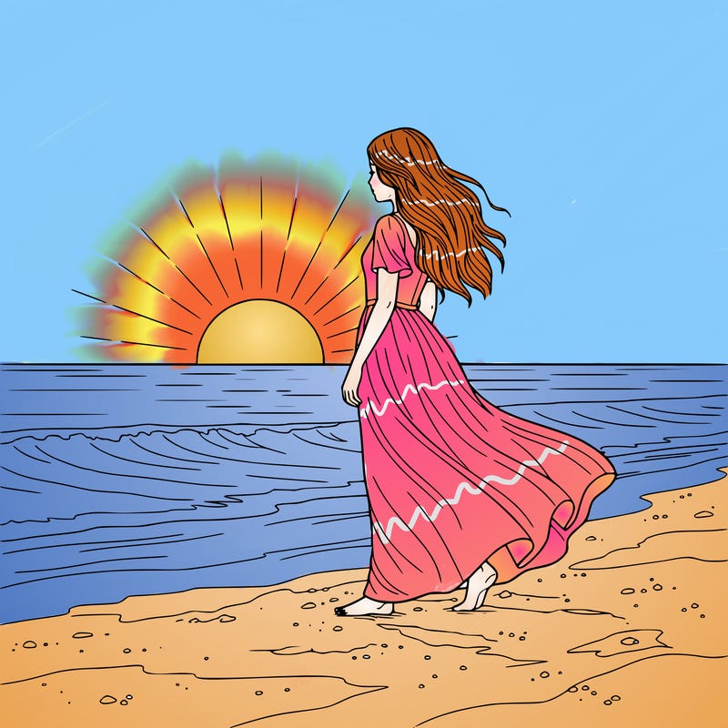 girl standing on the sand and she face the sunset and she is wearing a long dress and her hair is long too