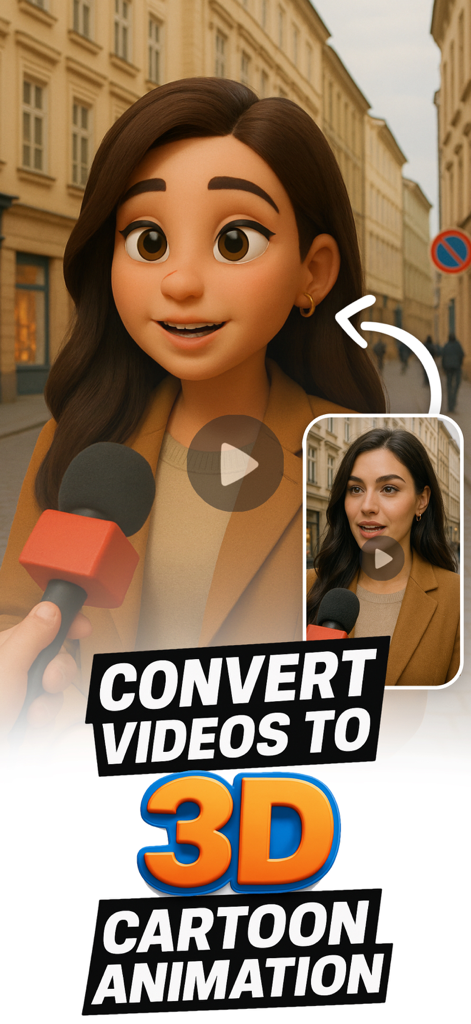 AI Cartoon Video Converter - A woman in a real-life video transformed into a 3D cartoon animation style using AI