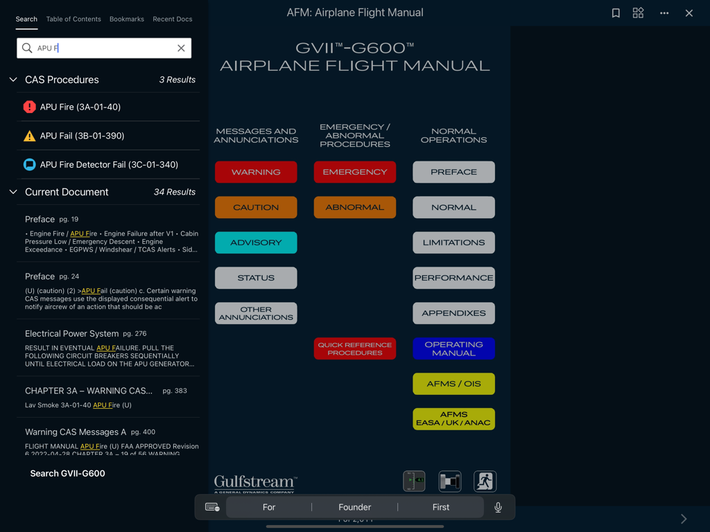 Resultados de búsqueda de manuales de vuelo AFM de Gulfstream PlaneBook para un procedimiento de incendio de APU.