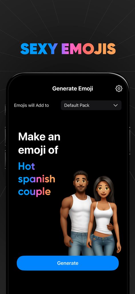 XMoji - Dirty AI Emoji Maker - XMoji app interface showing AI generation of a custom couple emoji.