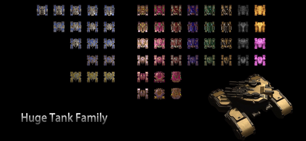 Infinity Tank Battle - Eine Darstellung zahlreicher Panzerdesigns und -farben aus dem Spiel Infinity Tank Battle mit dem Text „Riesige Panzerfamilie“.