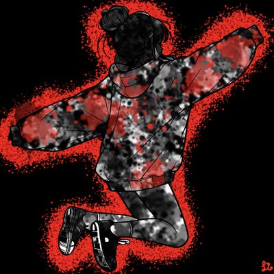 realistic girl jumping with a bun and oversized sweatshirt