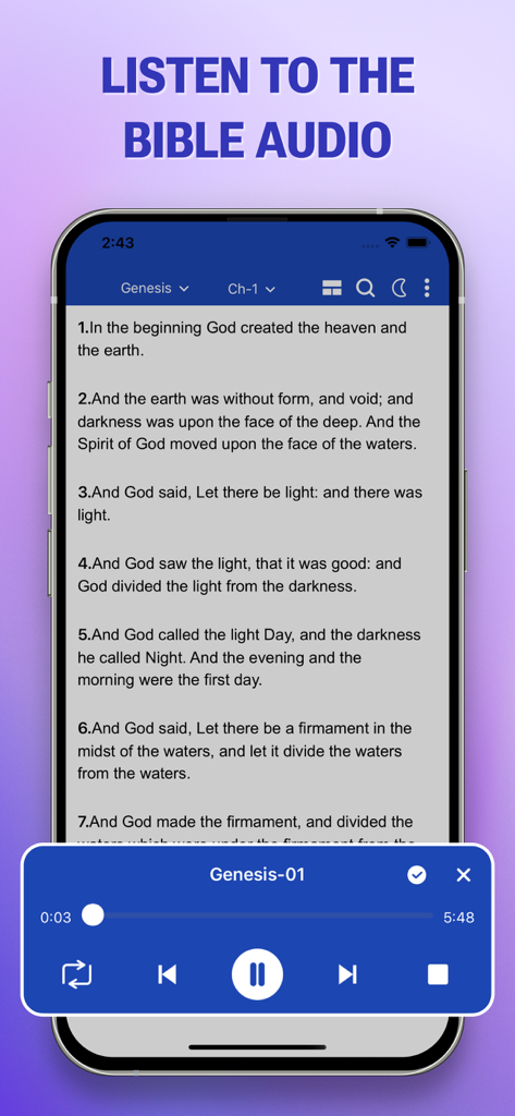 Audio player interface in the Message Bible Pro app showing the first chapter of Genesis