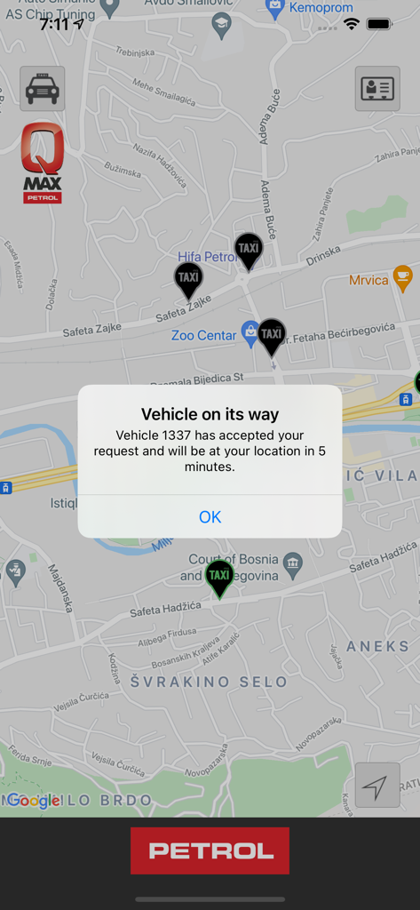 mojTaxi Touch ‘n’ Go - mojTaxi app showing a taxi booking confirmation and real time vehicle tracking on a map