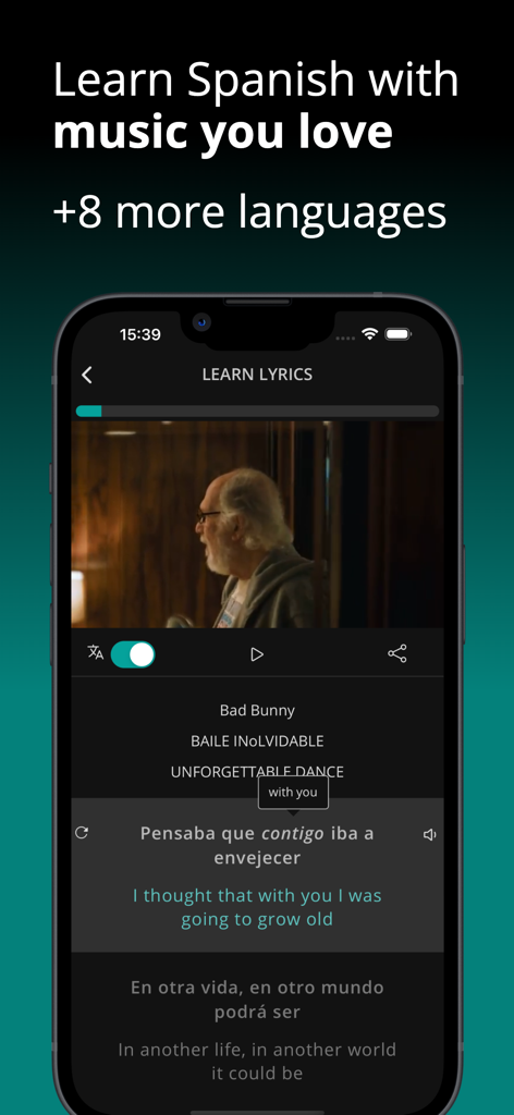 LyricFluent mobile app interface featuring Spanish lyrics and translations for a Bad Bunny song