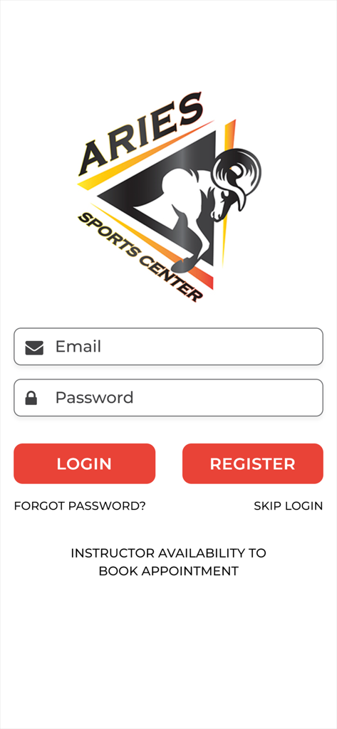 Tela de login e registro do aplicativo móvel Aries Sports Center