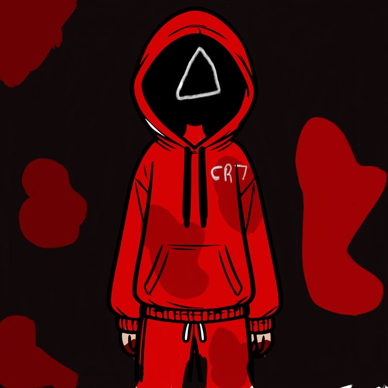 faceless girl in a tracksuit with a hood on and no hair