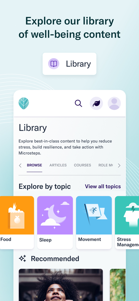 Thrive Global app interface showing a library of well-being content categorized by Food, Sleep, Movement, and Stress Management.