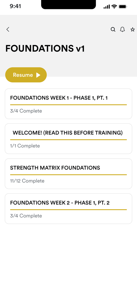 Strength Matrix Training - Interface of the Strength Matrix Training app showing the Foundations v1 workout modules and progress tracking.