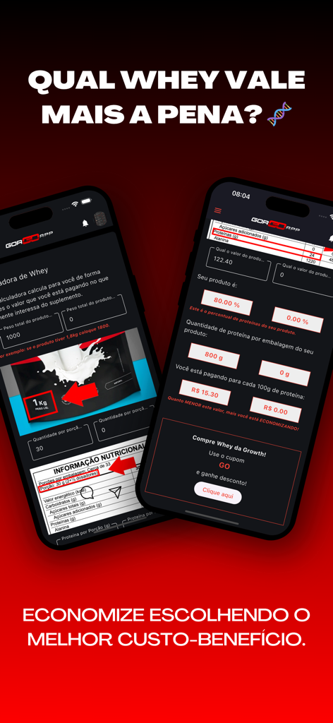 GorgoApp - Uma interface móvel do GorgoApp exibindo uma calculadora de custo-benefício para suplementos de proteína whey.