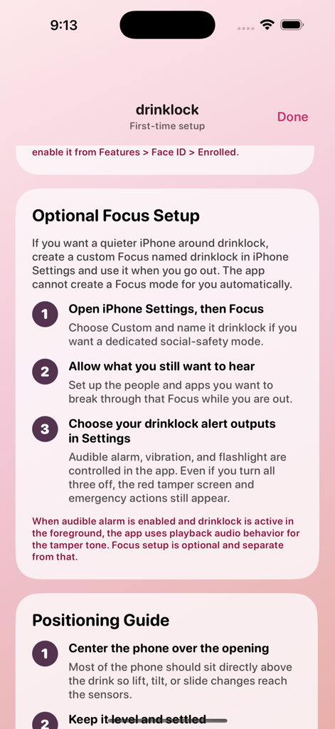 DrinkLock - DrinkLock setup screen showing focus mode instructions and positioning guide for phone safety