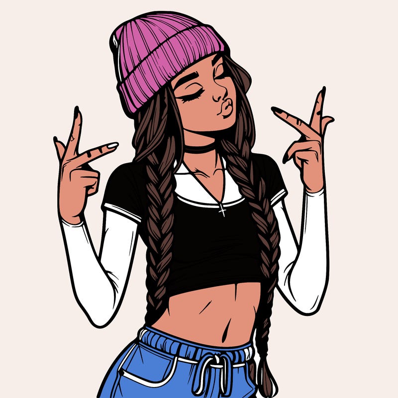 realistic teenage girl with braids and a beanie and crop top doing 🫶🏼