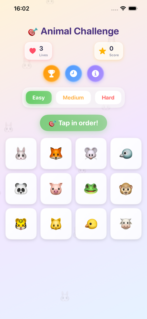 Tugomchi - Tugomchiモバイルアプリのホーム画面。動物の記憶ゲームグリッド、難易度モード、スコア追跡が表示されています。