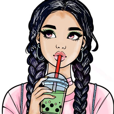 realistic girl with braided hair drinking boba
