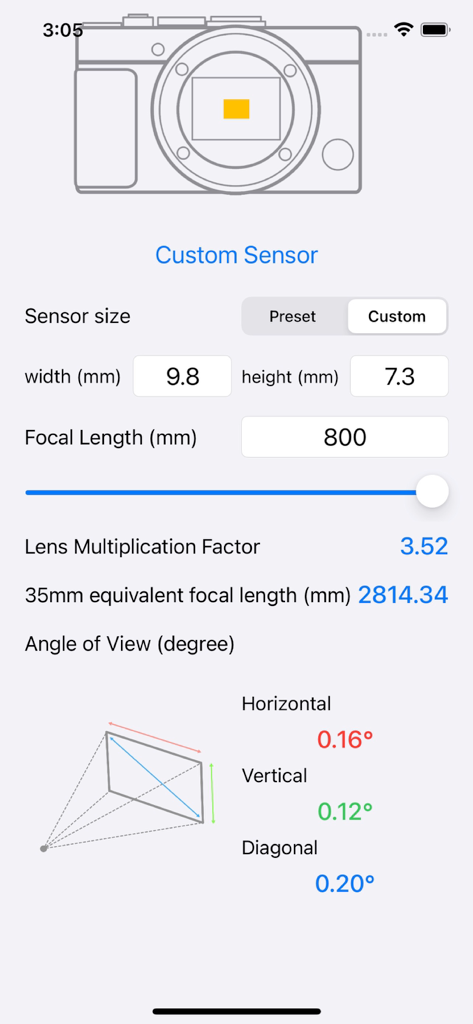 カスタムセンサーサイズと35mm換算焦点距離の結果を示す焦点距離計算機アプリのインターフェイス