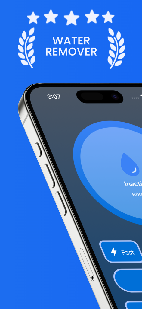 Water Remover Pro • Clean Tune - Interfaz de la aplicación Water Remover Pro en un iPhone mostrando un icono de gota de agua y una calificación de cinco estrellas