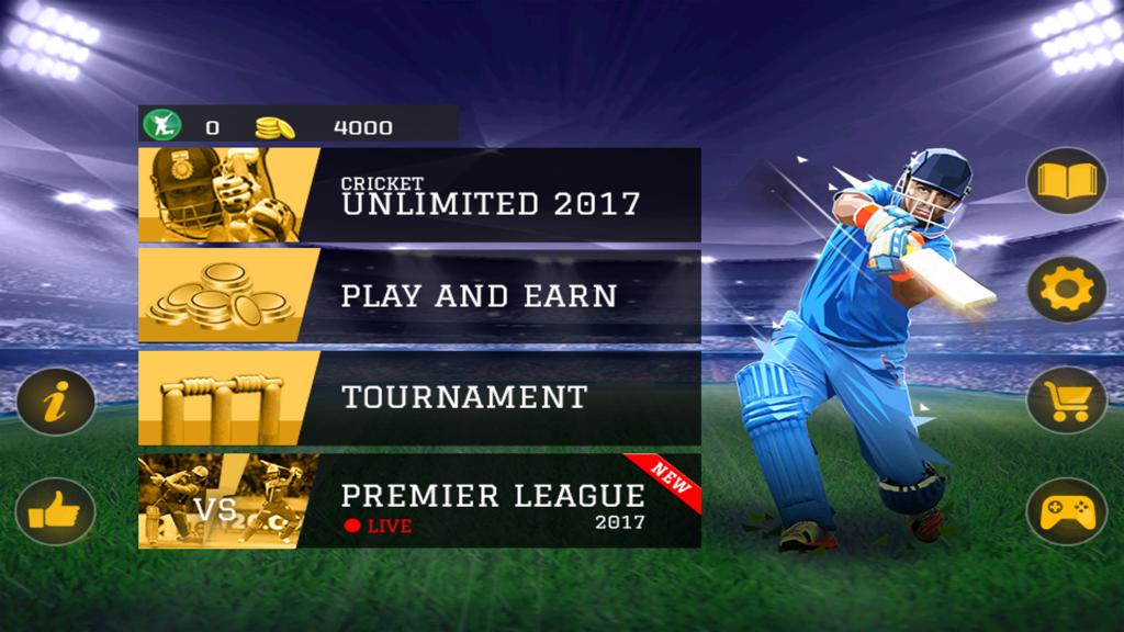 Cricket Unlimited 2017 - Main menu screen of Cricket Unlimited 2017 mobile game showing tournament modes and a batsman hitting a shot in a stadium