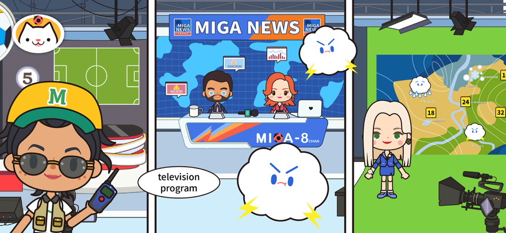 Miga Town : Game & TV Shows - various tv station scenes in miga town including news and weather broadcasts