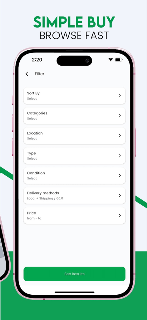 Search filter interface in the DitchIt mobile app with options for category location and price