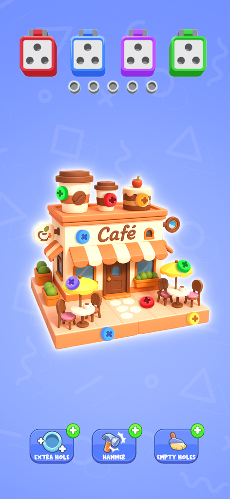 Un niveau de jeu 3D présentant un café miniature avec des épingles colorées et des défis logiques.