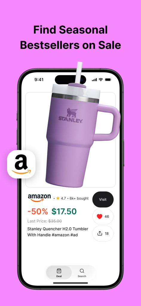 Interface de l'application Haul Shopping montrant une remise de cinquante pour cent sur un tumbler Stanley d'Amazon.