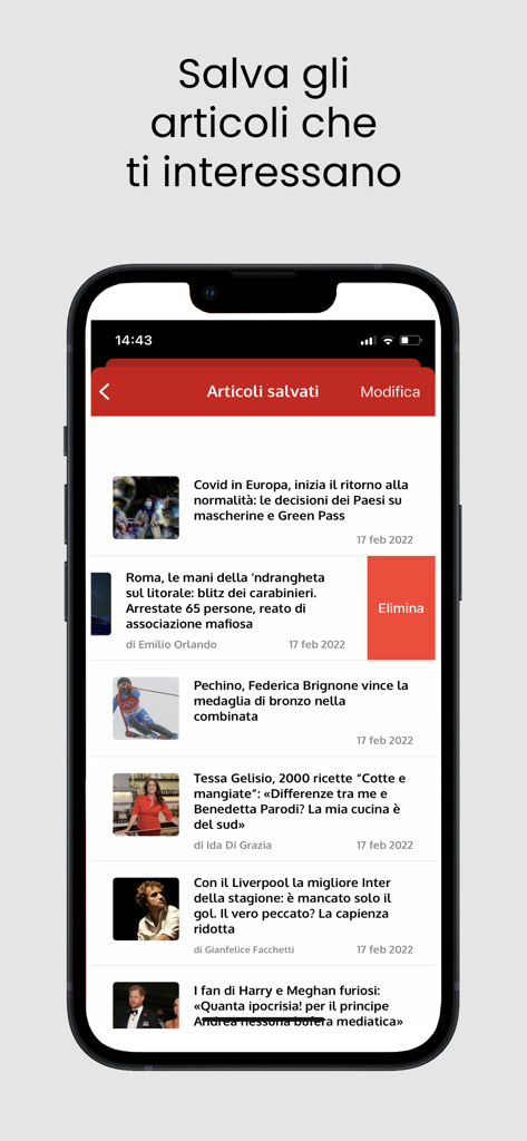 Interface mobile de l'application d'actualités Leggo montrant une liste d'articles sauvegardés.