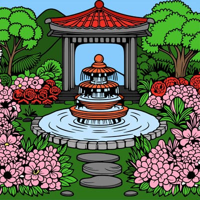 a most beautiful looking zen garden with a fountain and beautiful flowers